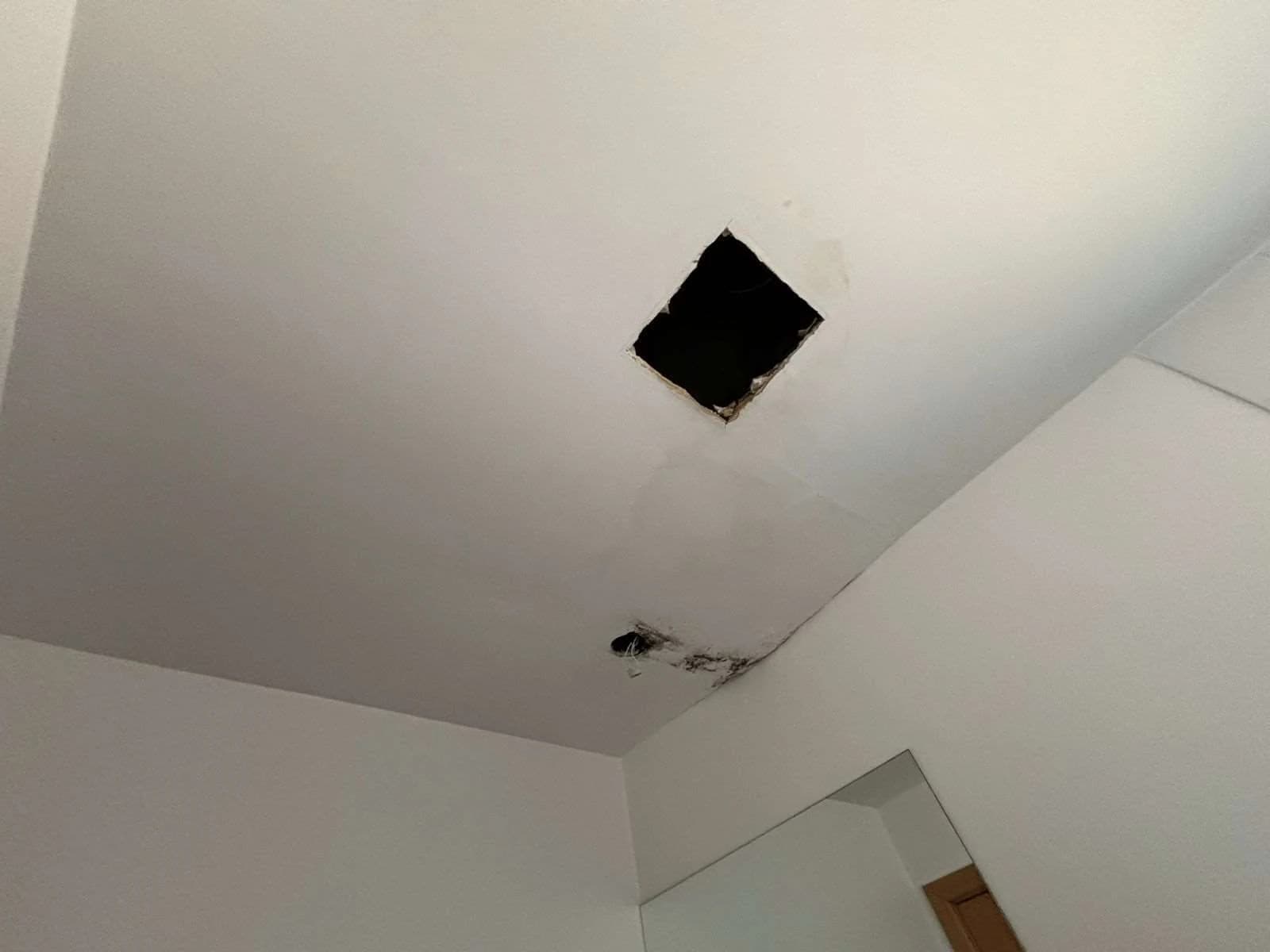 Forro de banheiro com abertura de inspeção, manchas e deterioração causada por umidade